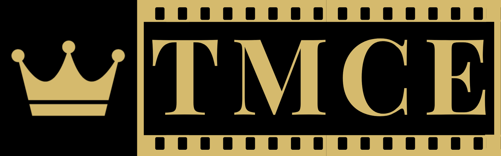 The Main Character Effect horizontal logo with a gold crown and TMCE letters inside a filmstrip frame, black background
