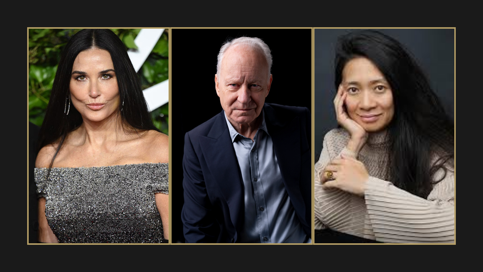 Portraits of Demi Moore, Stellan Skarsgård and Chloé Zhao arranged side by side