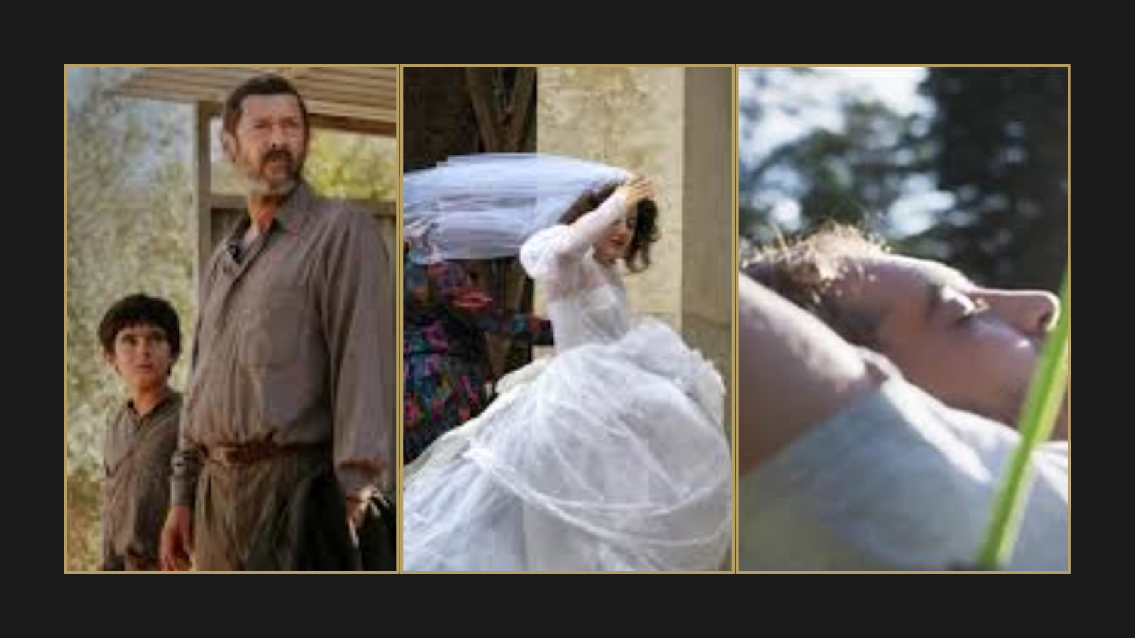 Three-film collage featuring stills from Aqui, Orange-Flavoured Wedding (Mariage au goût d'orange), and Think Good (Si Tu Penses Bien)
