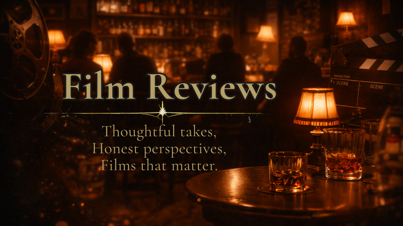 Moody speakeasy-style film lounge with warm lighting and silhouettes hero image used on the Film Reviews page.
