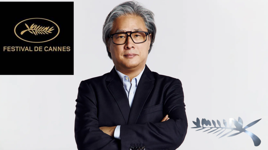 Portrait of Park Chan-wook beside the Cannes Film Festival logo