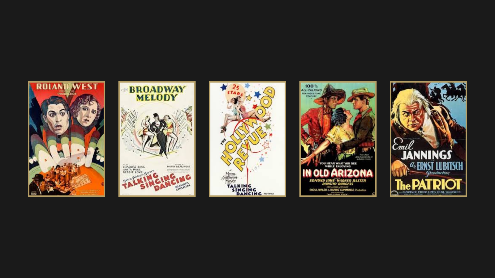 Poster collage of Alibi, The Broadway Melody, The Hollywood Revue of 1929, In Old Arizona, and The Patriot featured in Recasting Oscar History for the 2nd Academy Awards