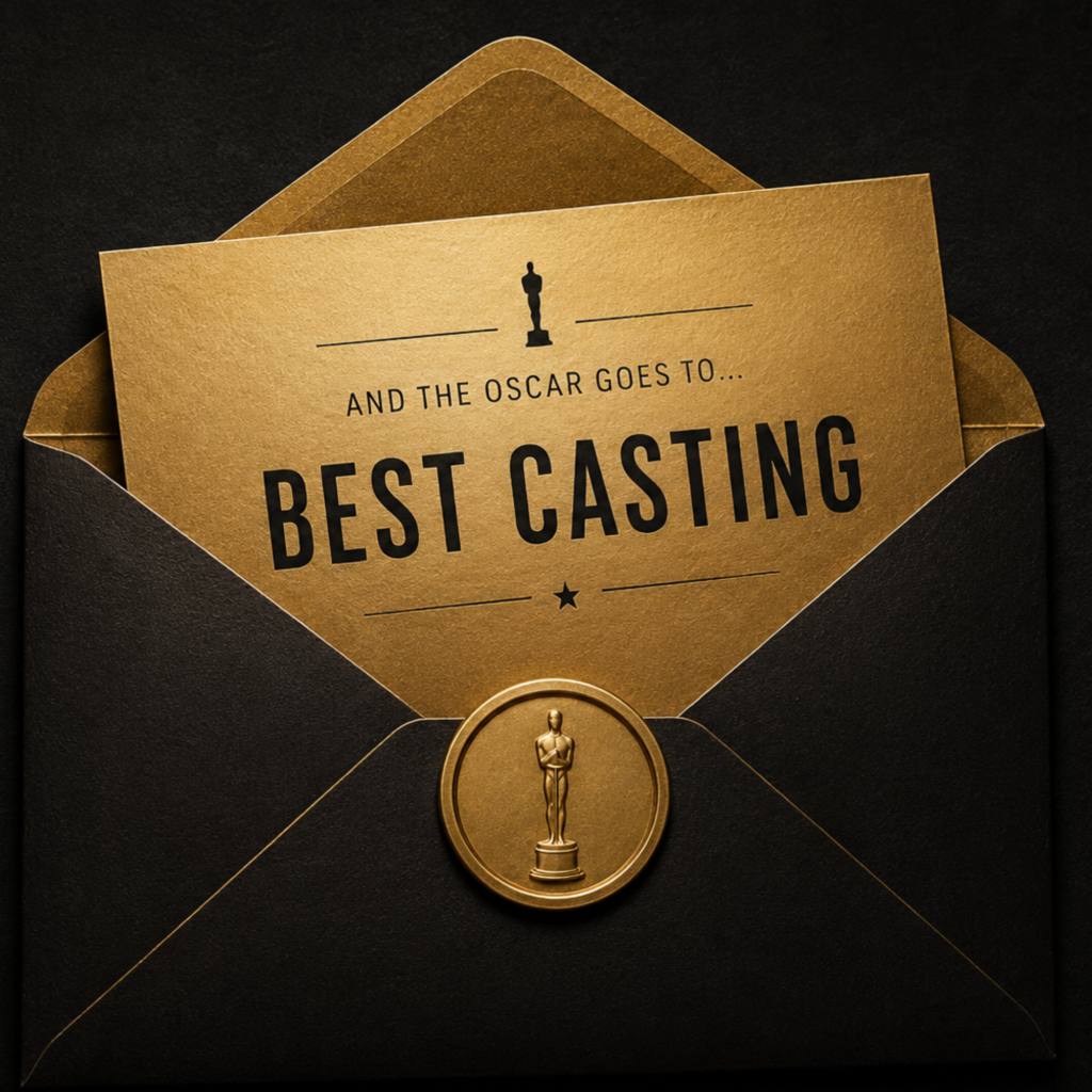 Black and gold awards-style graphic featuring an opened Oscar envelope revealing a card labeled “Best Casting,” alongside the title “Recasting Oscar History”