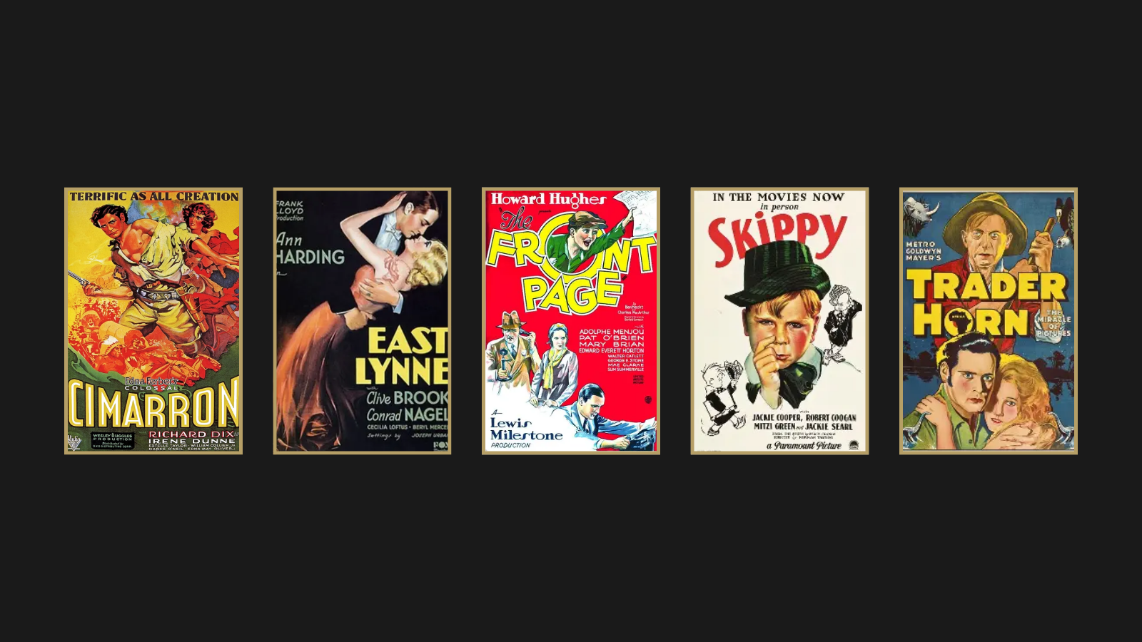 Poster collage of Cimarron, East Lynne, The Front Page, Skippy, and Trader Horn featured in Recasting Oscar History for the 4th Academy Awards