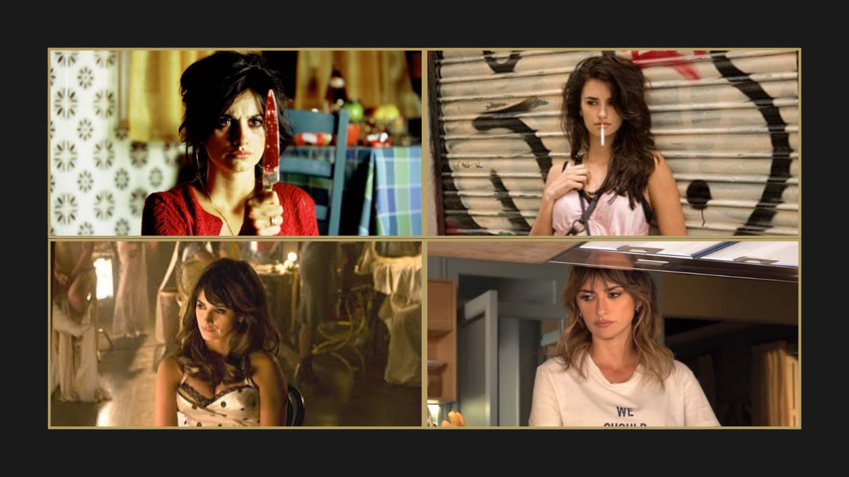 Collage of Penélope Cruz in her four Oscar-nominated performances: Volver, Vicky Cristina Barcelona, Nine, and Parallel Mothers
